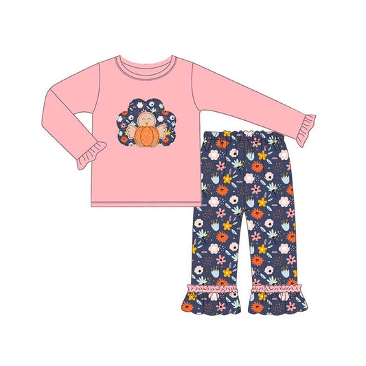 (Pre-order)GLP1234 Turkey Pumpkin Top Flowers Pants Girls Thanksgiving Clothes Set