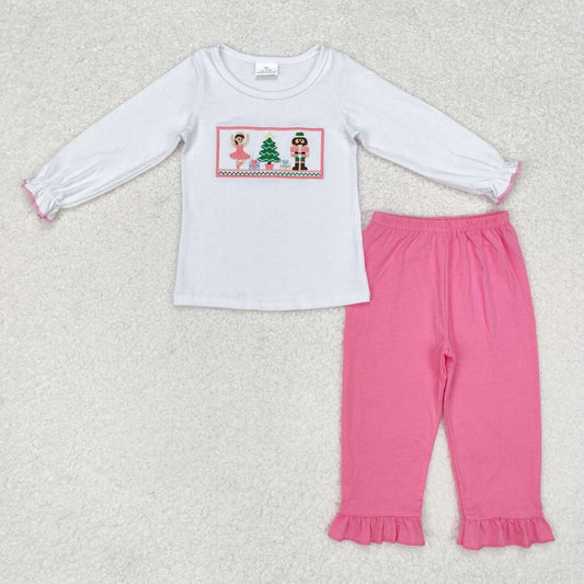 GLP1236 Christmas Tree Embroidery Top Pink Pants Girls Christmas Clothes Set