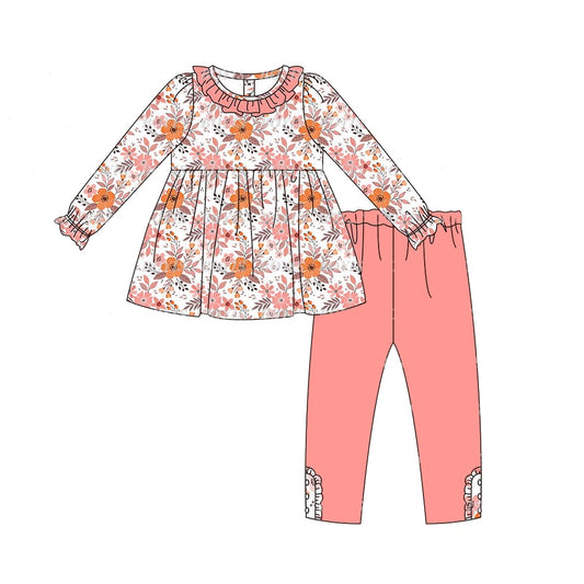 (Pre-order)GLP1239 Orange Pink Flowers Tunic Top Legging Pants Girls Fall Clothes Set