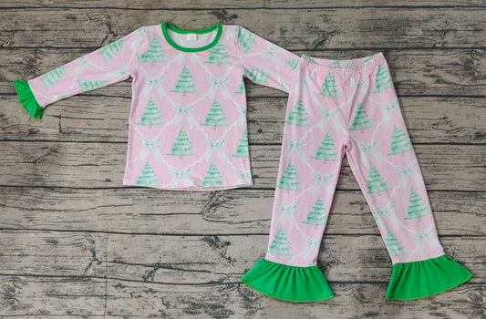 (Pre-order)GLP1242 Christmas Tree Pink Print Girls Pajamas Clothes Set