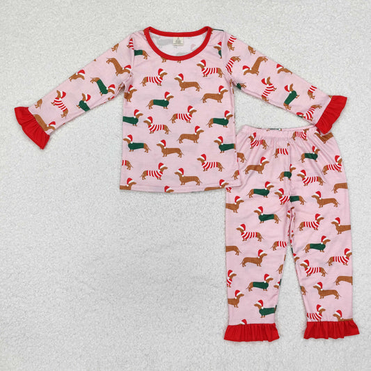 GLP1244 Dog Print Girls Christmas Bamboo Pajamas Clothes Set