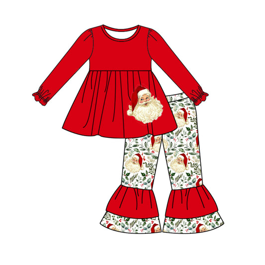 (Pre-order)GLP1246 Santa Holly Tunic Top Ruffle Pants Girls Christmas Clothes Set