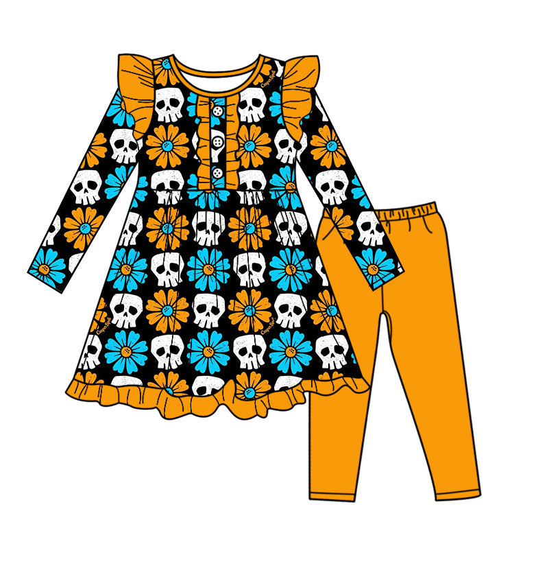 (Pre-order)GLP1249 Skull Flowers Tunic Top Legging Pants Girls Halloween Clothes Set