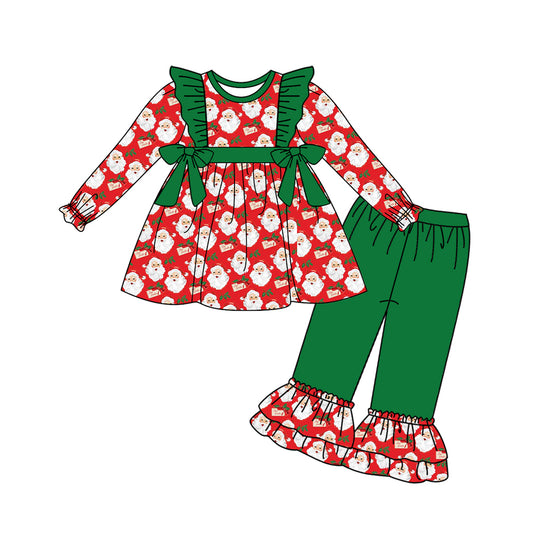 (Pre-order)GLP1253 Santa Tunic Top Green Ruffle Pants Girls Christmas Clothes Set