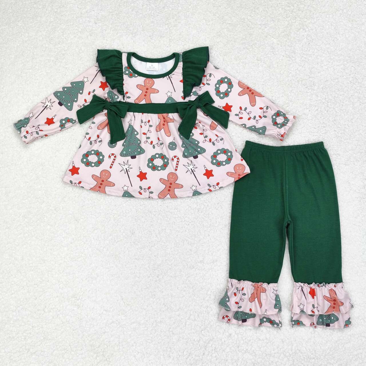 GLP1254 Gingerbread Tunic Top Green Ruffle Pants Girls Christmas Clothes Set