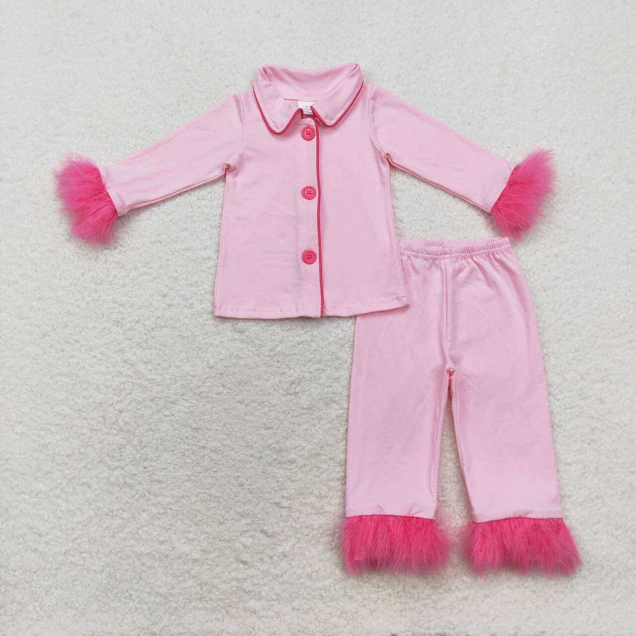 GLP1255 Pink Color Girls Fall Buttons Fur Pajamas Clothes Set