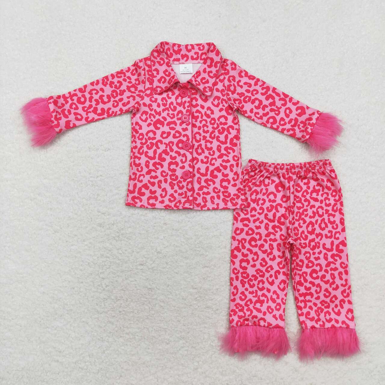 Hotpink Leopard Print Mom and Me Matching Fall Buttons Fur Pajamas Clothes Set