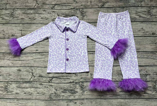 (Pre-order)GLP1259 Purple Leopard Print Girls Fall Buttons Pajamas Clothes Set