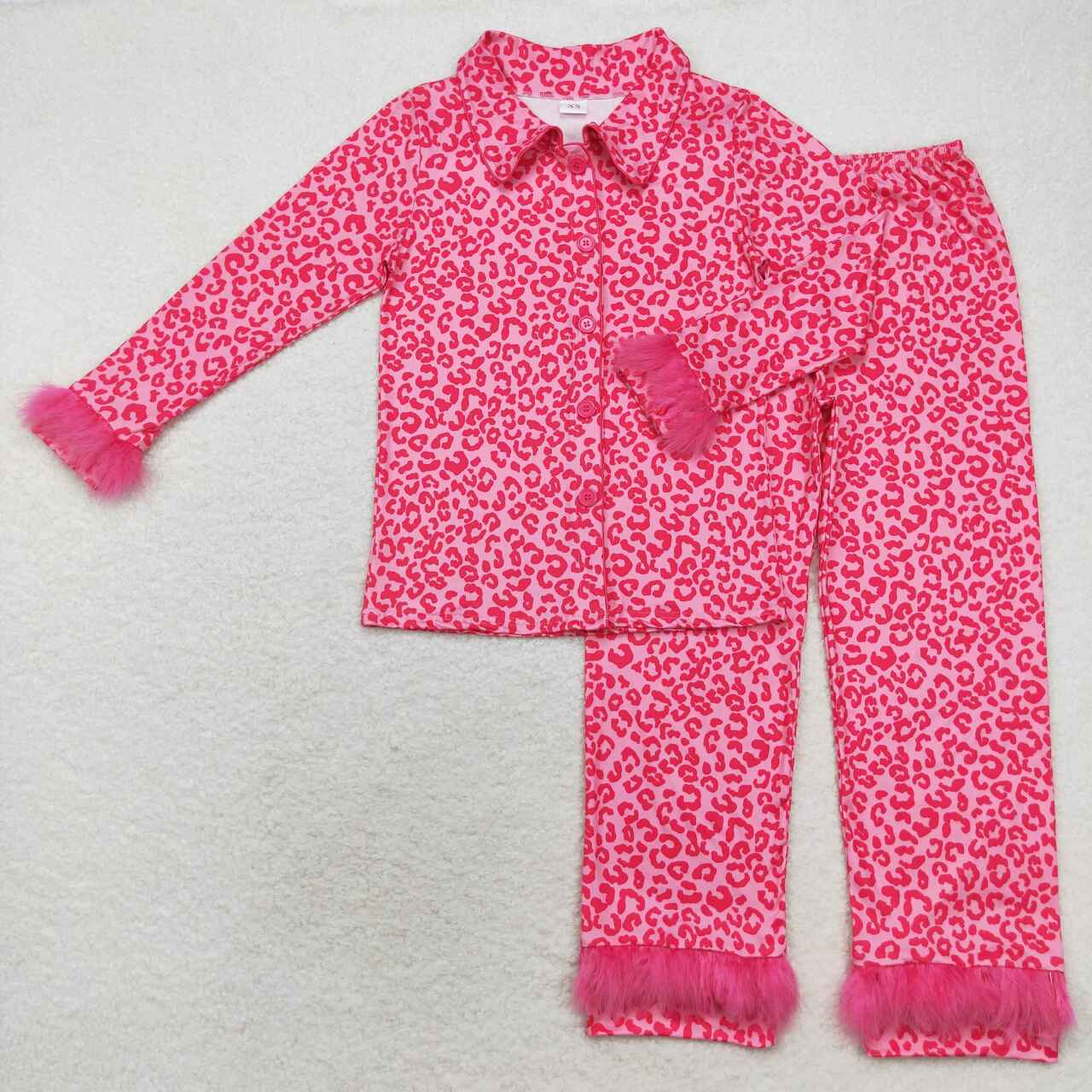 Hotpink Leopard Print Mom and Me Matching Fall Buttons Fur Pajamas Clothes Set