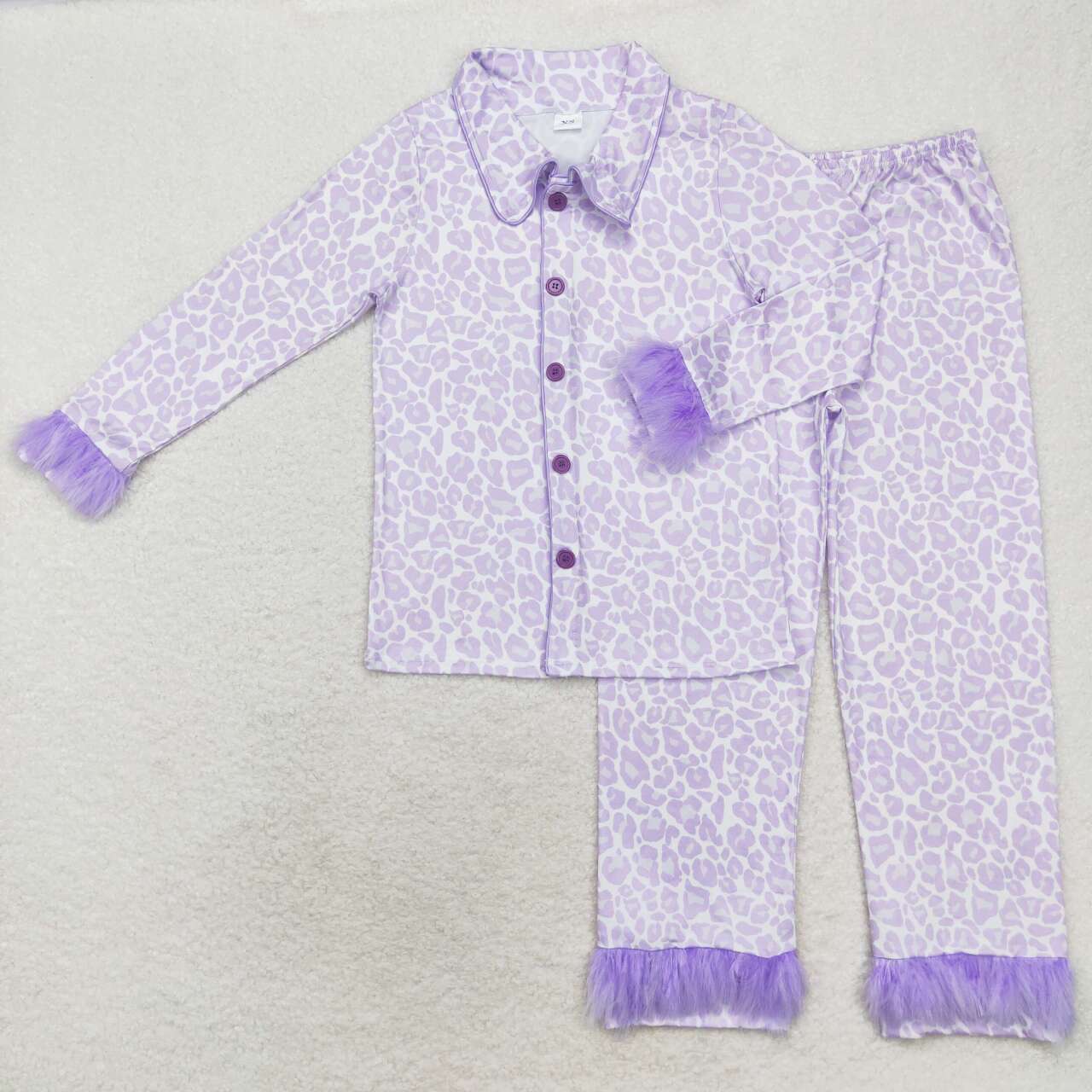 Purple Leopard Print Mom and Me Matching Fall Buttons Fur Pajamas Clothes Set