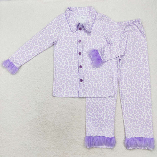 GLP1263 Adult Purple Leopard Print Fall Buttons Fur Pajamas Woman Clothes Set