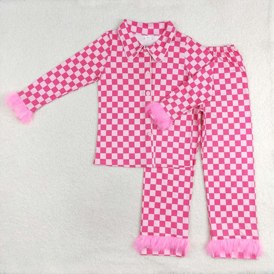 GLP1265 Adult Hotpink Plaid Print Fall Buttons Fur Pajamas Woman Clothes Set