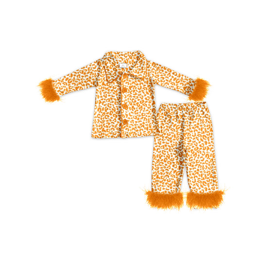 (Pre-order)GLP1267 Orange Leopard Print Girls Fall Buttons Fur Pajamas Clothes Set