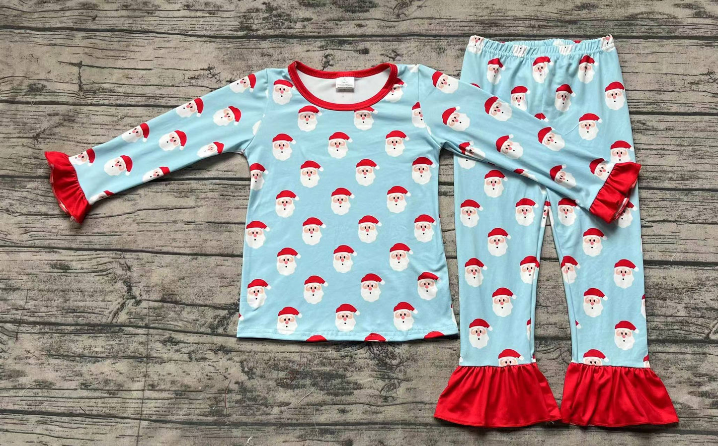 (Pre-order)GLP1277 Blue Santa Print Girls Christmas Pajamas Clothes Set