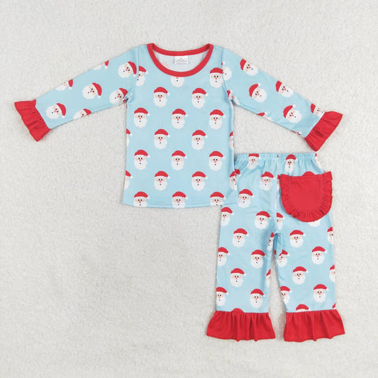 GLP1277 Blue Santa Print Girls Christmas Pajamas Clothes Set