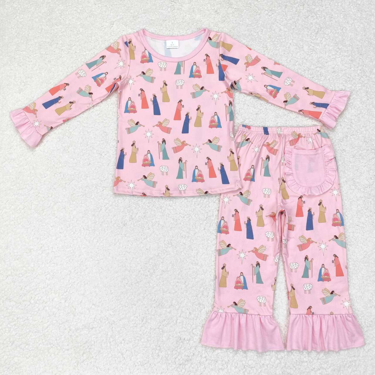 GLP1278 Nativity Pink Print Girls Christmas Pocket Pajamas Clothes Set