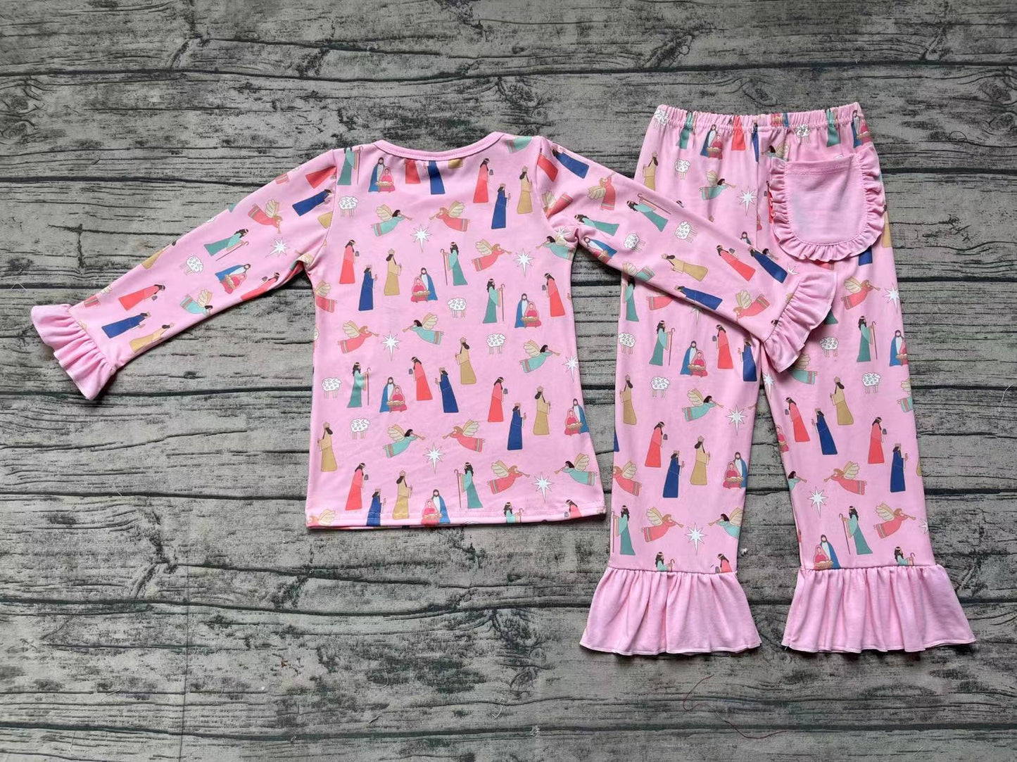 (Pre-order)GLP1278 Nativity Print Girls Christmas Pajamas Clothes Set