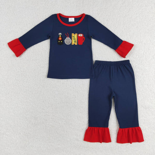 GLP1281 Polar Express Embroidery Navy Color Girls Christmas Pajamas Clothes Set