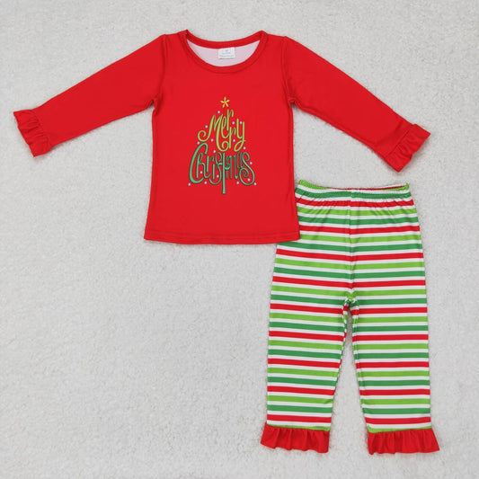 GLP1282 Merry Christmas Red Top Green Red Stripes Pants Girls Pajamas Clothes Set