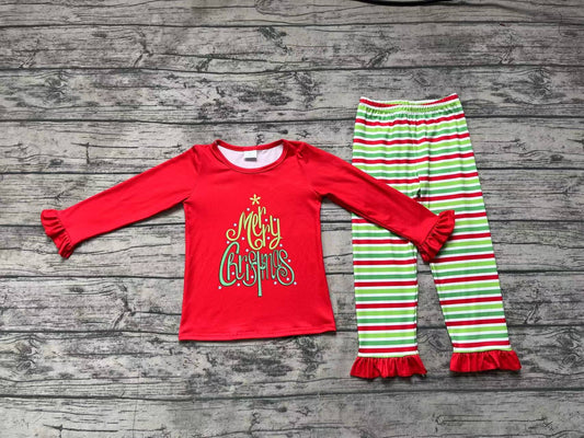 (Pre-order)GLP1282 Merry Christmas Red Top Green Red Stripes Pants Girls Pajamas Clothes Set