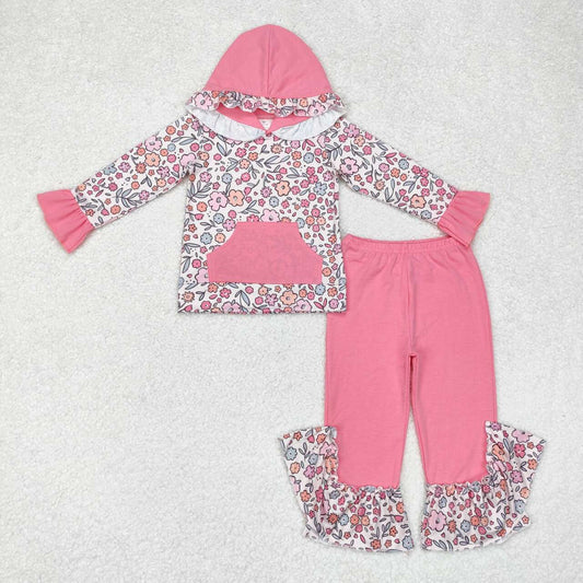 GLP1285 Flowers Hoodie Top Pink Ruffle Pants Girls Fall Clothes Set