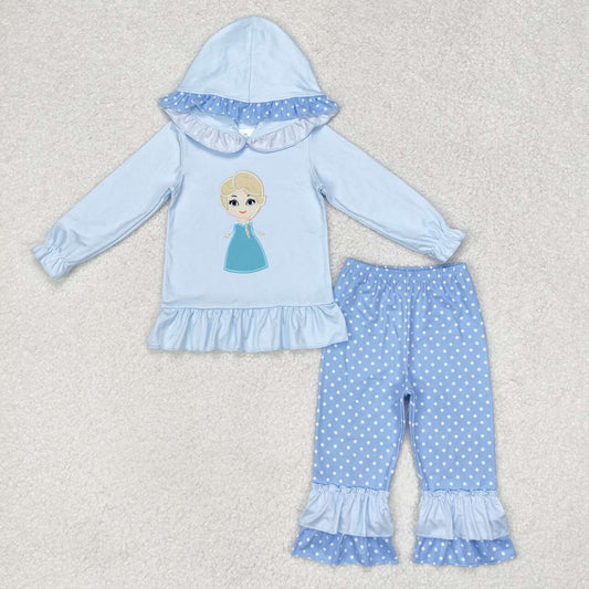 GLP1289 Cartoon Princess Blue Hoodie Top Ruffle Pants Girls Fall Clothes Set