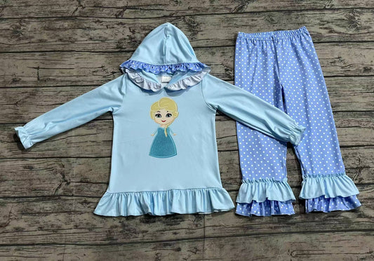 (Pre-order)GLP1289 Cartoon Princess Blue Hoodie Top Ruffle Pants Girls Fall Clothes Set