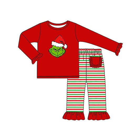 (Pre-order)GLP1298 Green Frog Red Top Stripes Pants Girls Christmas Pajamas Clothes Set