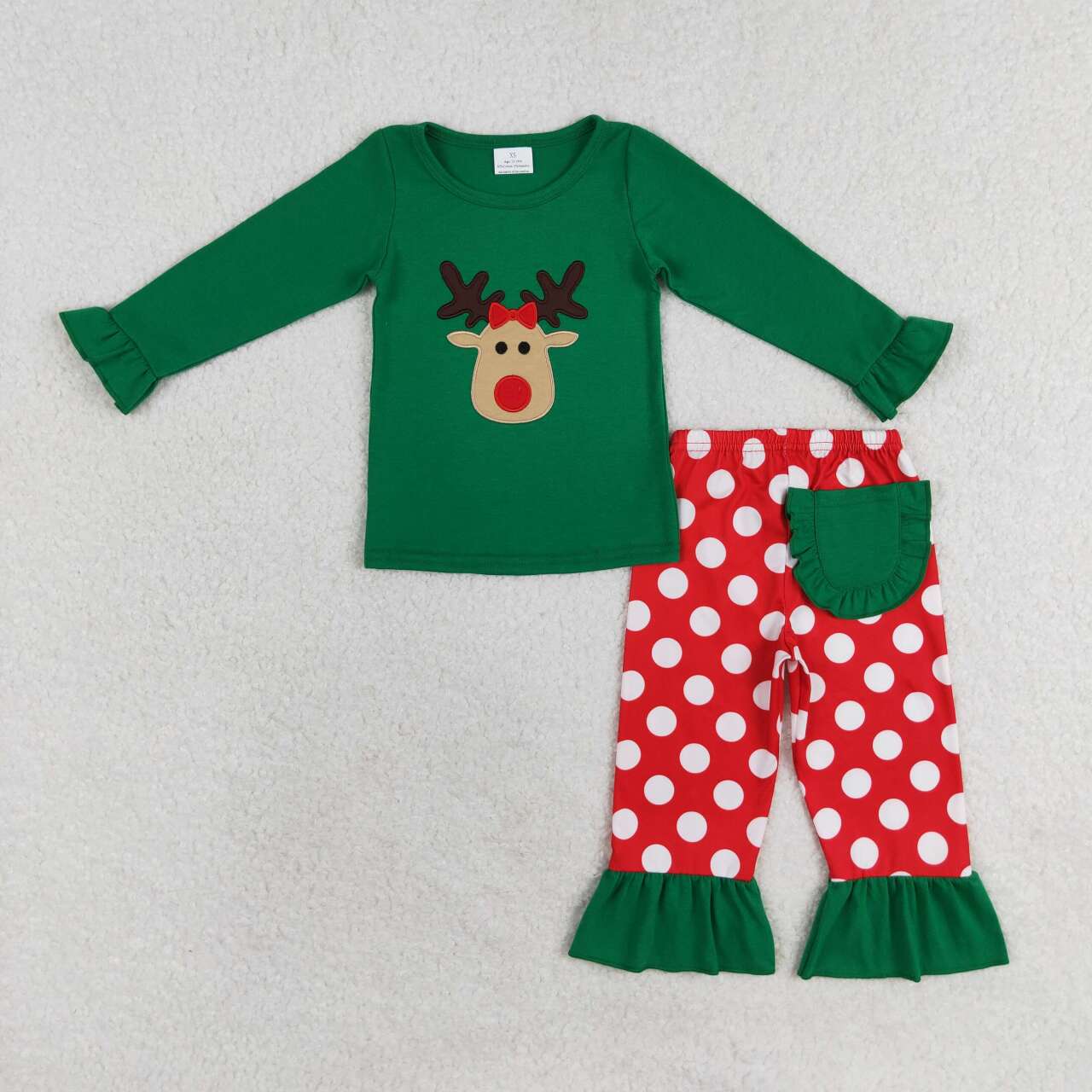 GLP1301 Deer Embroidery Green Top Dots Pants Girls Christmas Pajamas Clothes Set