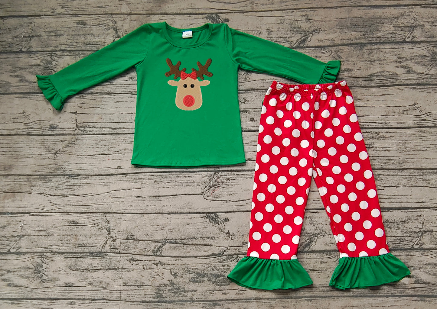 (Pre-order)GLP1301 Deer Green Top Dots Pants Girls Christmas Pajamas Clothes Set