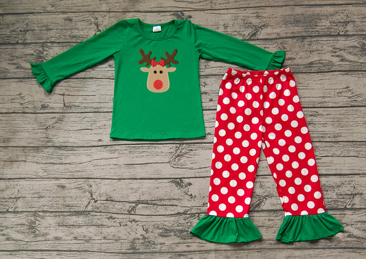 (Pre-order)GLP1301 Deer Green Top Dots Pants Girls Christmas Pajamas Clothes Set