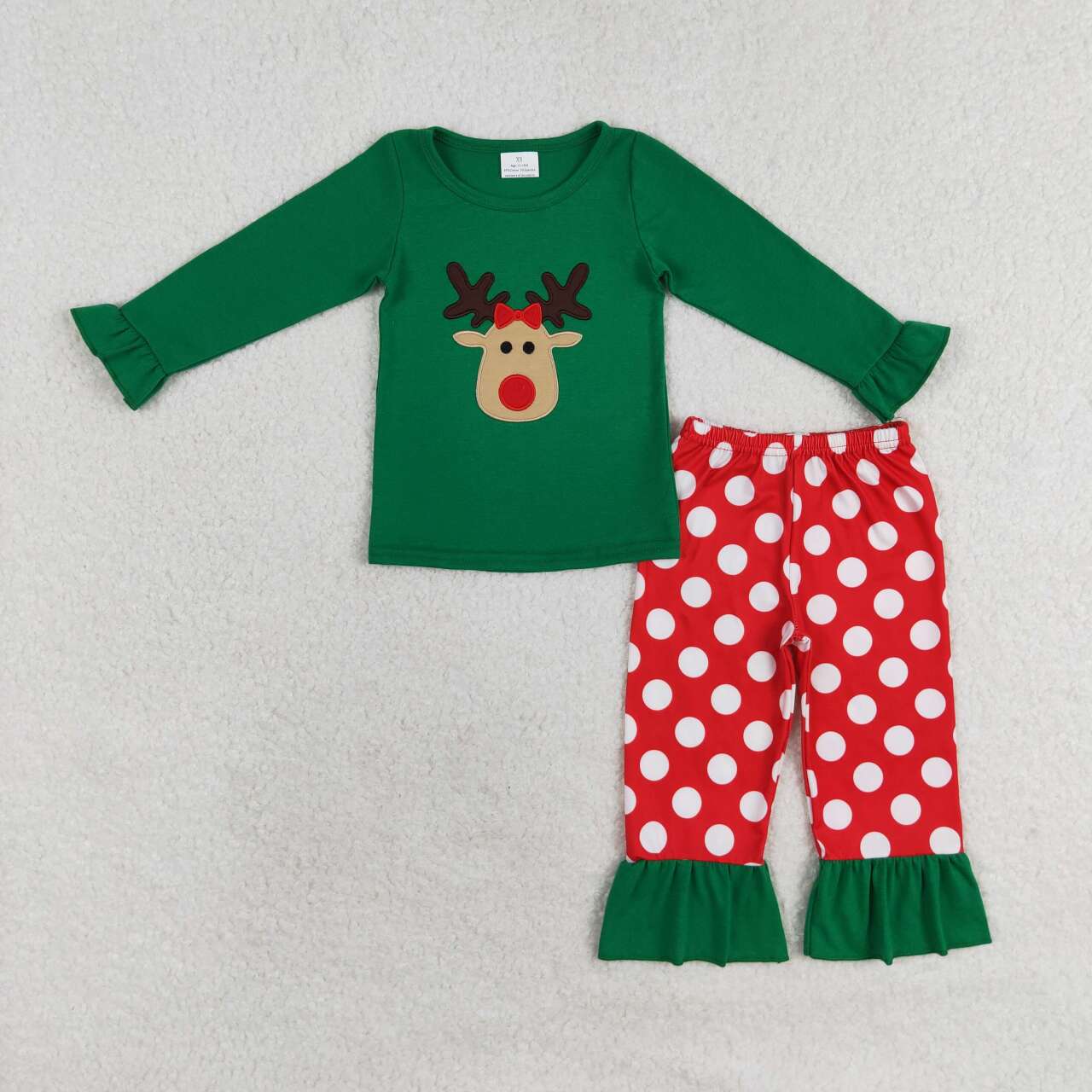 GLP1301 Deer Embroidery Green Top Dots Pants Girls Christmas Pajamas Clothes Set