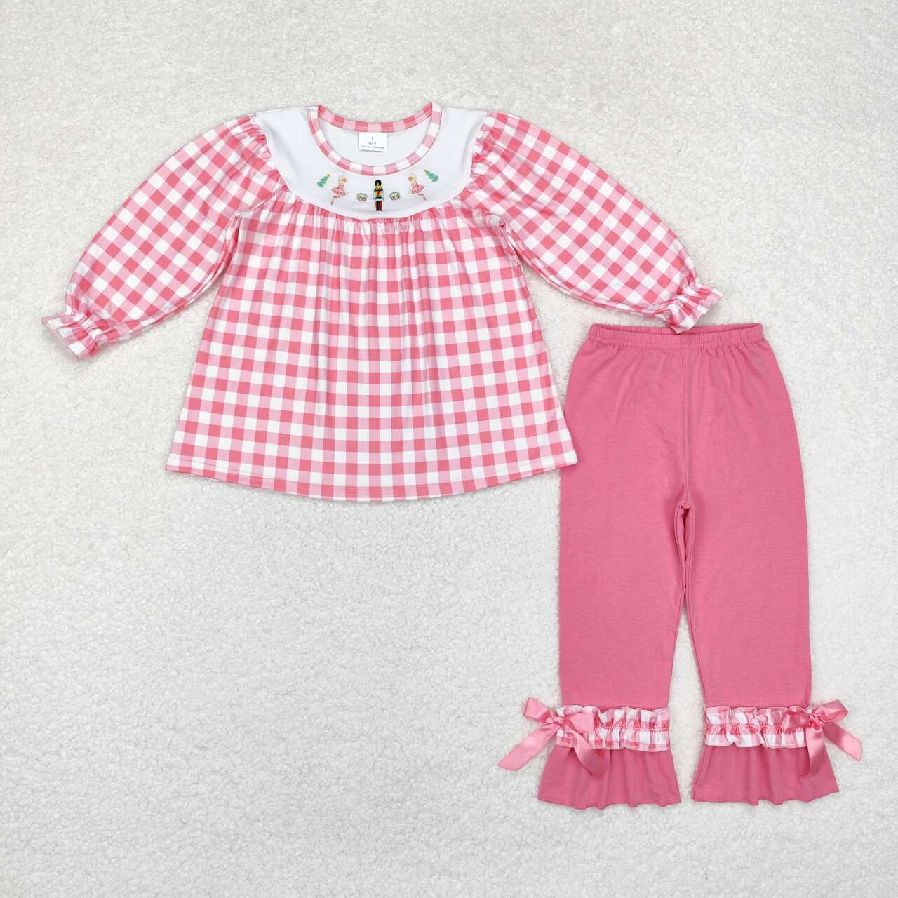 GLP1306 Nutcracker Embroidery Plaid Top Pink Pants Girls Christmas Clothes Set