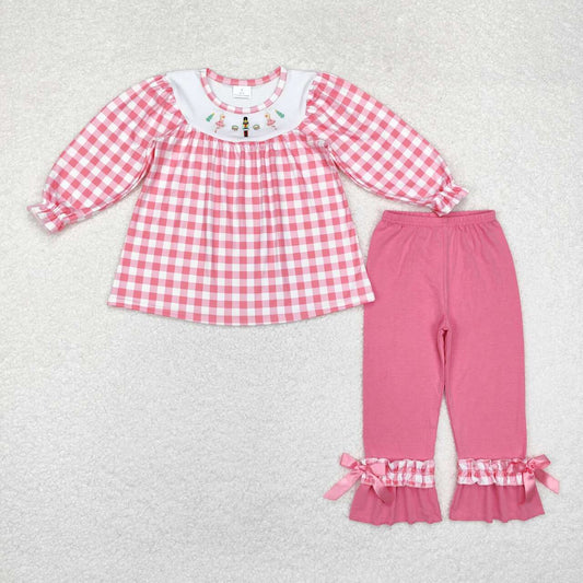 GLP1306 Nutcracker Embroidery Plaid Top Pink Pants Girls Christmas Clothes Set