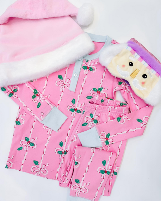 (Pre-order)GLP1316 Holly Bows Pink Print Girls Christmas Pajamas Clothes Set