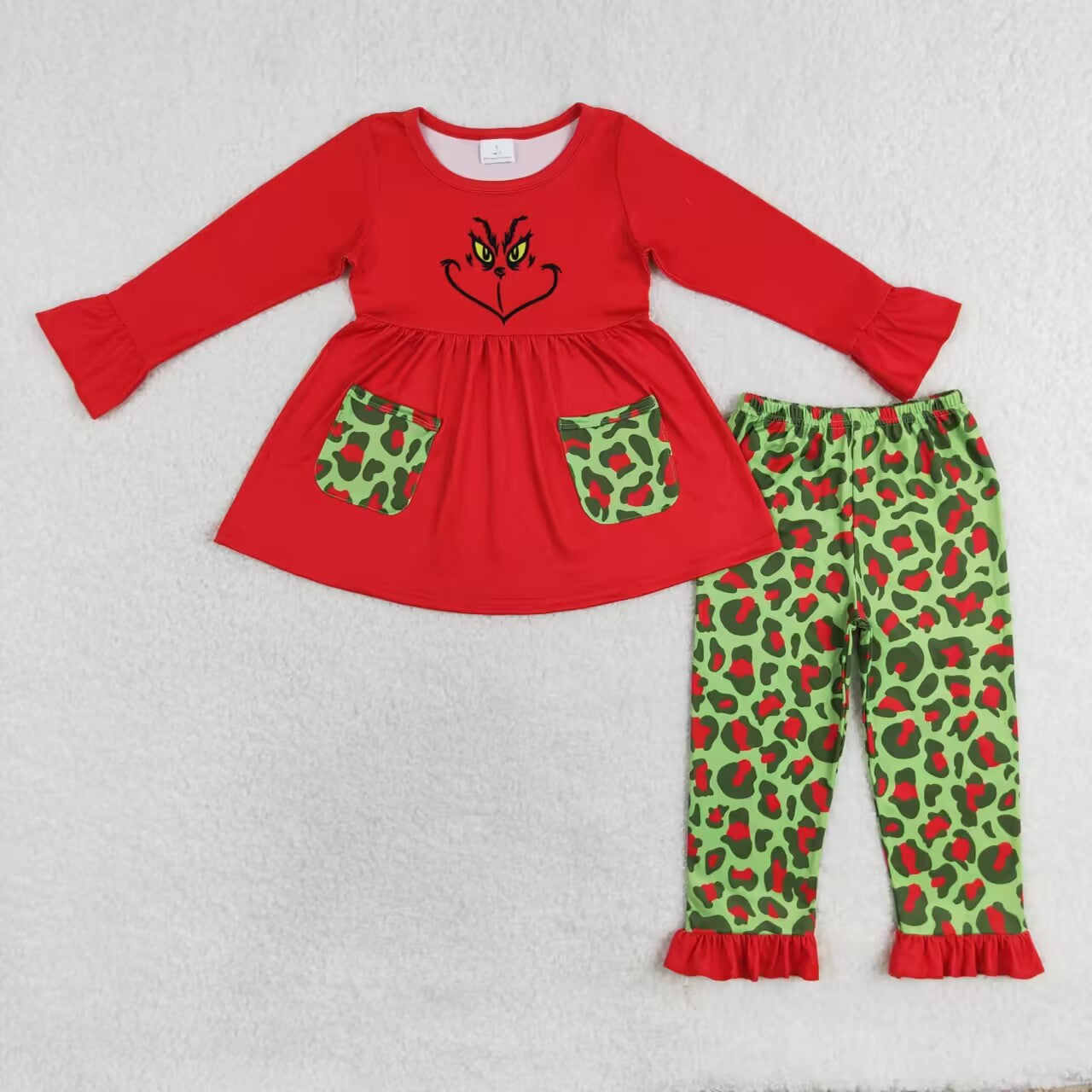 GLP1322 Green Frog Face Red Tunic Top Leopard Pants Girls Christmas Clothes Set