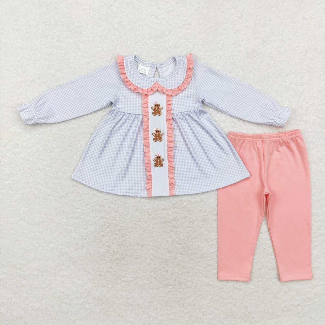 GLP1330 Gingerbread Embroidery Tunic Top Pink Pants Girls Christmas Clothes Set