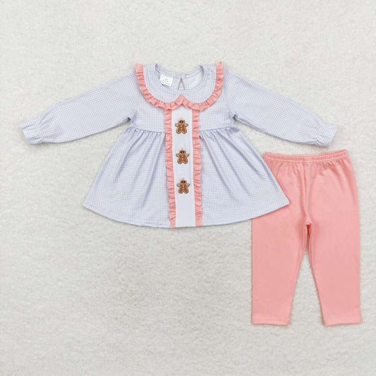 GLP1330 Gingerbread Embroidery Tunic Top Pink Pants Girls Christmas Clothes Set