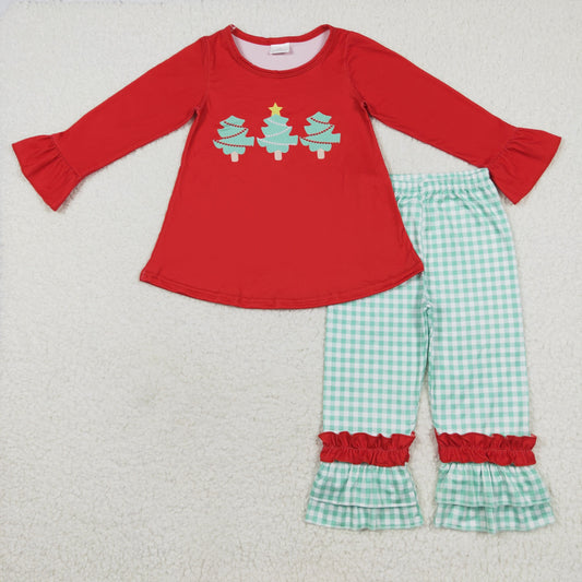 GLP1331 Christmas Tree Red Tunic Top Green Plaid Pants Girls Clothes Set