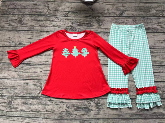 (Pre-order)GLP1331 Christmas Tree Red Tunic Top Green Plaid Pants Girls Clothes Set