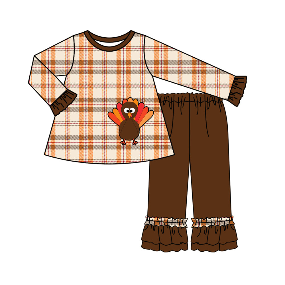 (Pre-order)GLP1333 Turkey Plaid Tunic Top Brown Pants Girls Thanksgiving Clothes Set