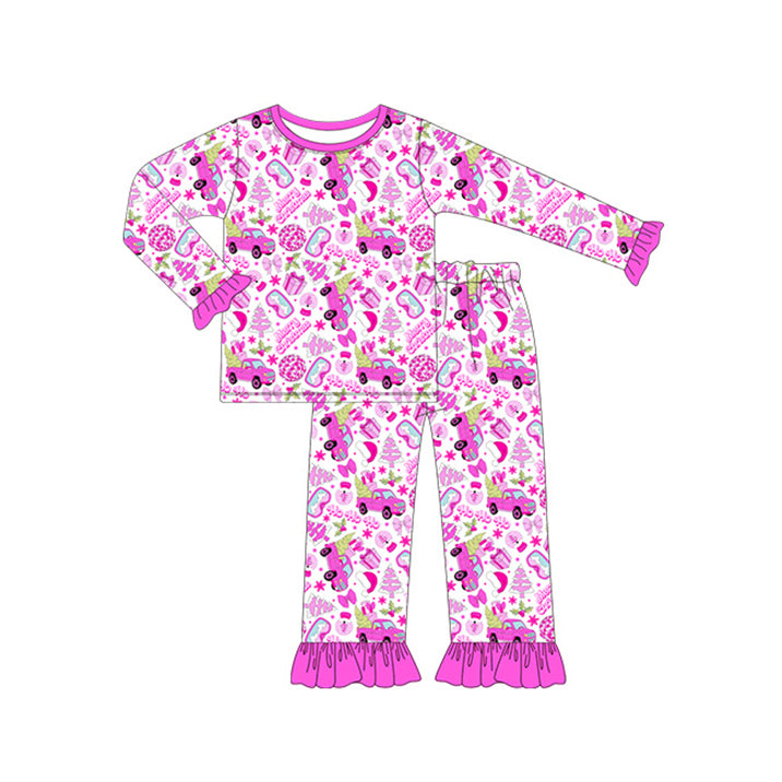 (Pre-order)GLP1334 Merry Christmas Hotpink Print Girls Pajamas Clothes Set