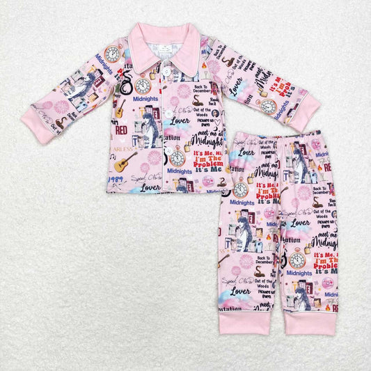 GLP1337 Pink Singer Swiftie Print Girls Fall Buttons Pajamas Clothes Set