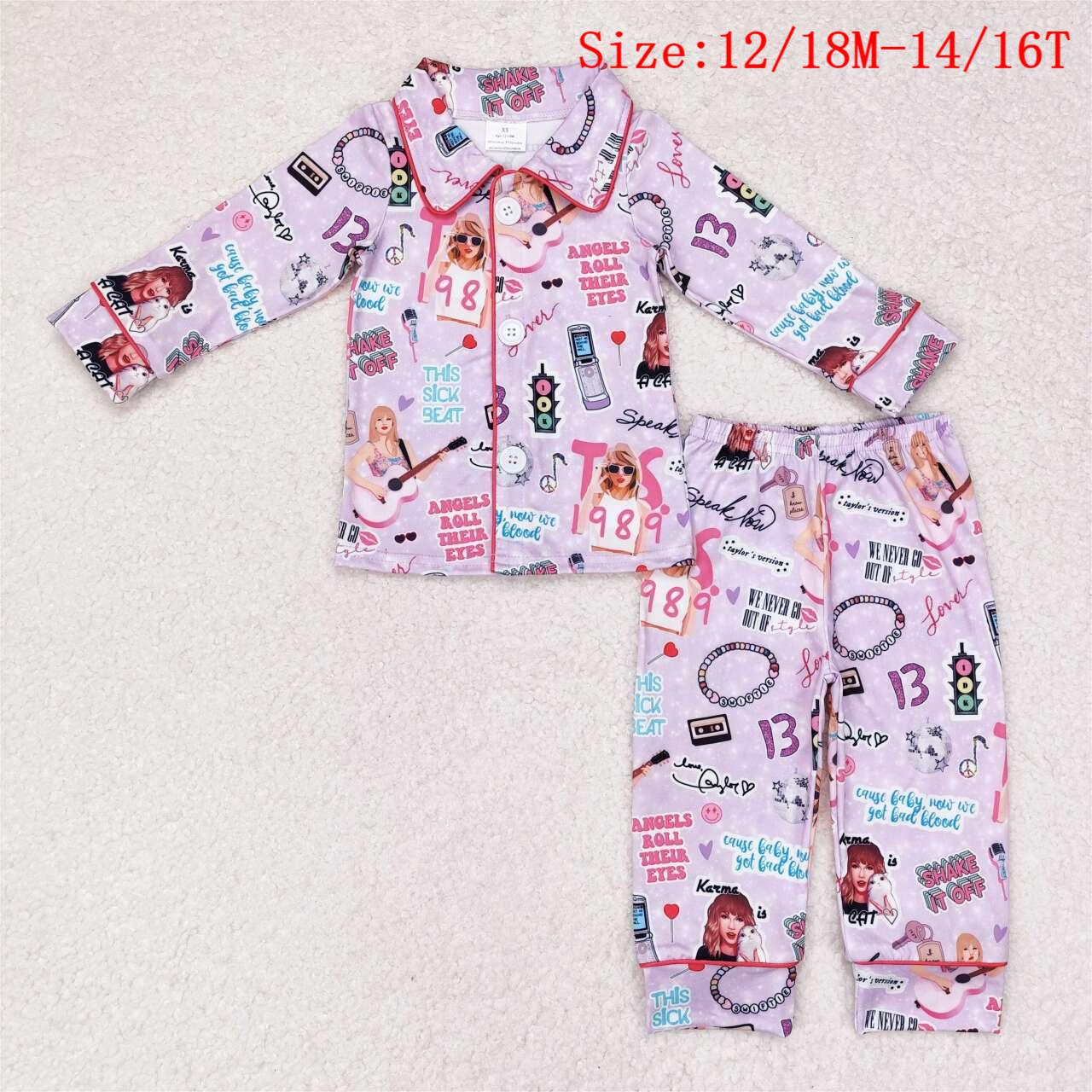 GLP1338 Purple Singer Swiftie Print Girls Fall Buttons Pajamas Clothes Set