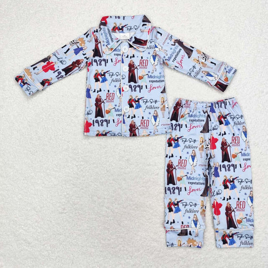 GLP1339 Blue Singer Swiftie Print Girls Fall Buttons Pajamas Clothes Set