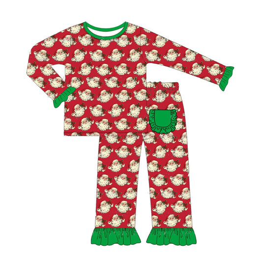 (Pre-order)GLP1340 Santa Holly Red Print Girls Christmas Pajamas Clothes Set