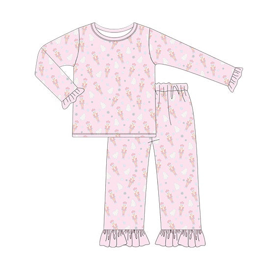 (Pre-order)GLP1347 Cartoon Nutcracker Soldier Pink Print Girls Christmas Pajamas Clothes Set