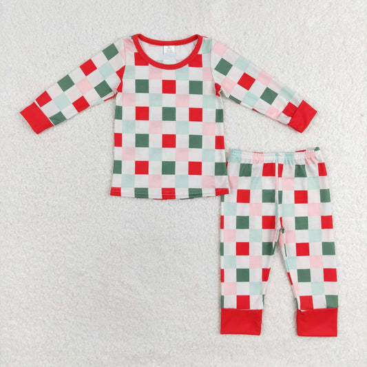 GLP1352 Red Green Pink Plaid Print Girls Christmas Pajamas Clothes Set