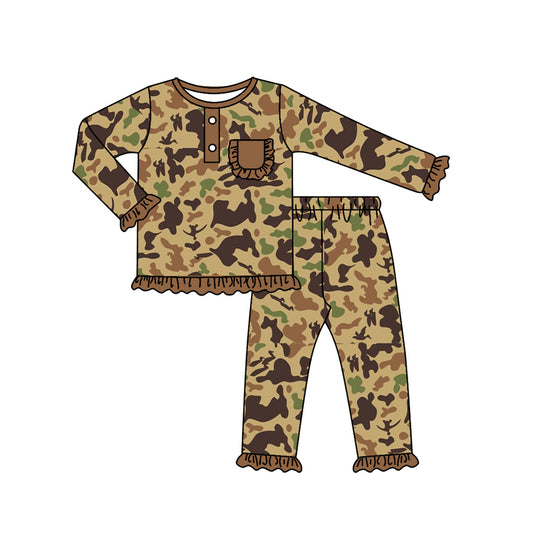 (Pre-order)GLP1355 Brown Camo Print Girls Fall Pajamas Clothes Set