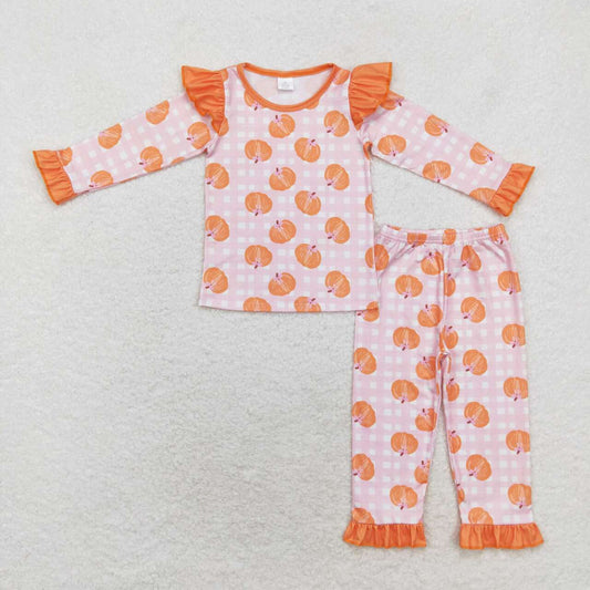 GLP1362 Pumpkin Plaid Print Girls Fall Bamboo Pajamas Clothes Set